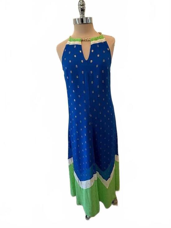 Lilly Pulitzer Dresses & Skirts - Lilly Pulitzer Blue and Green Gold Foil Dot Halter Maxi Dress